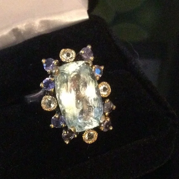 Rare Genuine 16mm by 10mm Aquamarine, Tanzanite & Topaz Ring - Picture 5 of 14